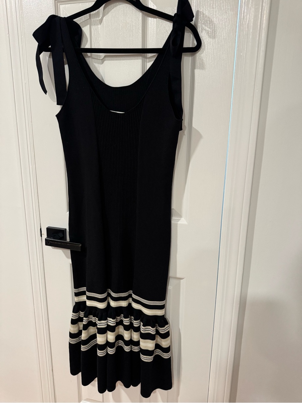 H&M Black Sleeveless Tie-Shoulder Knit Midi Dress with Cream Stripe Hem